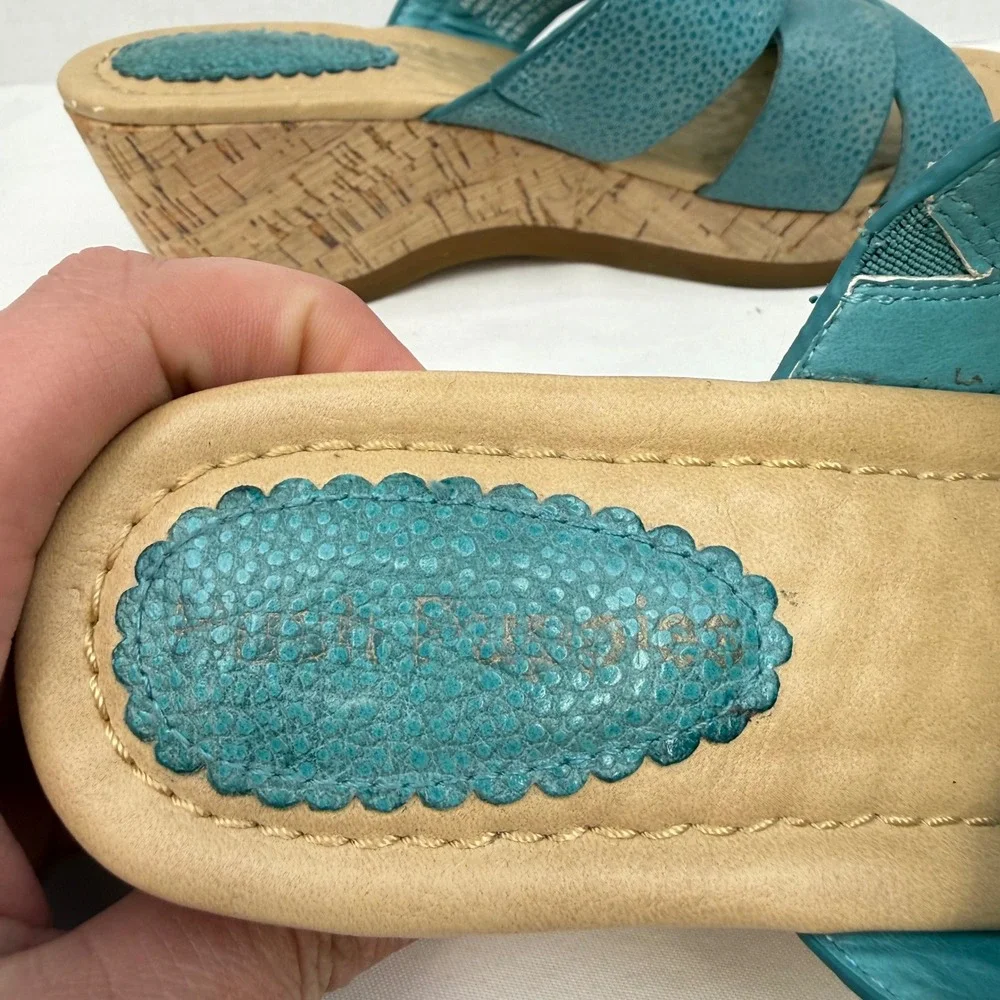Hush Puppies Womens Teal Blue Textured Leather Cork Wedge Sandals HW05278-441 7